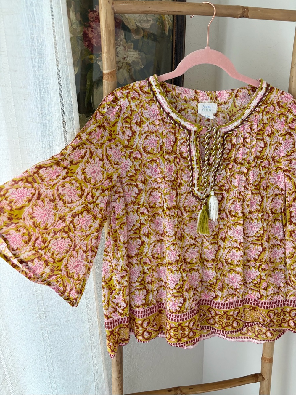 Sigrid Olsen Pink and Olive Floral Tassel Boho Blouse Medium - Picture 2 of 6